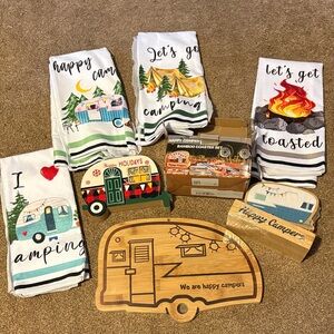 Happy Camper Kitchen Towel Set with Camper Bamboo Coaster Set, Camper cut board